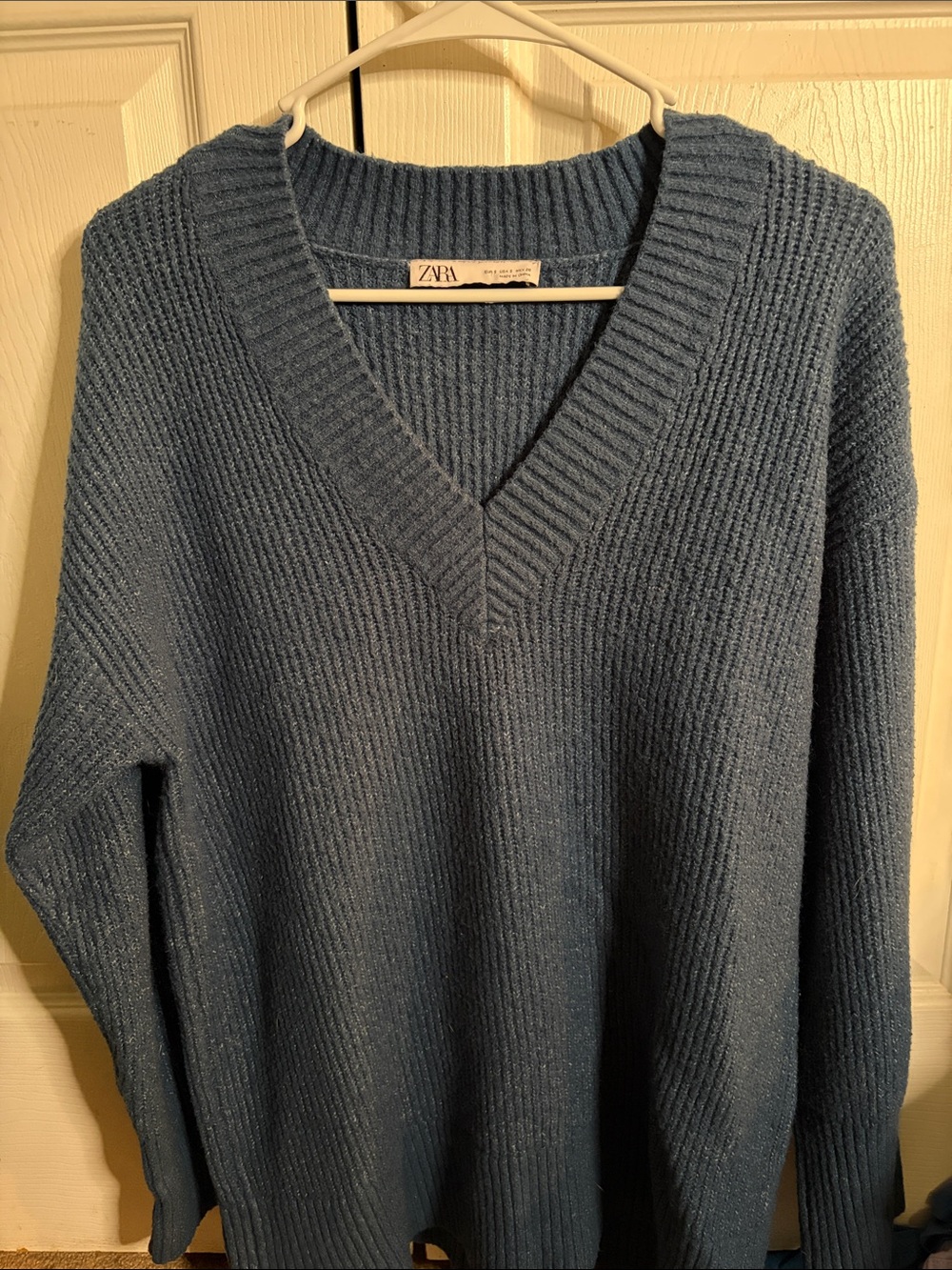 ZARA Dusty Blue Ribbed V-Neck Sweater